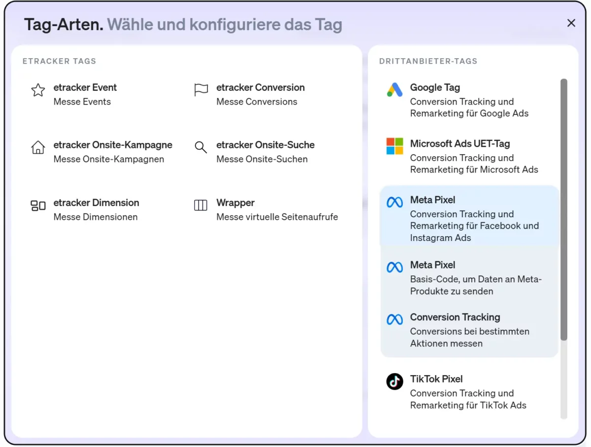 In this view you can see the display of the individual meta tags in the etracker tag manager.