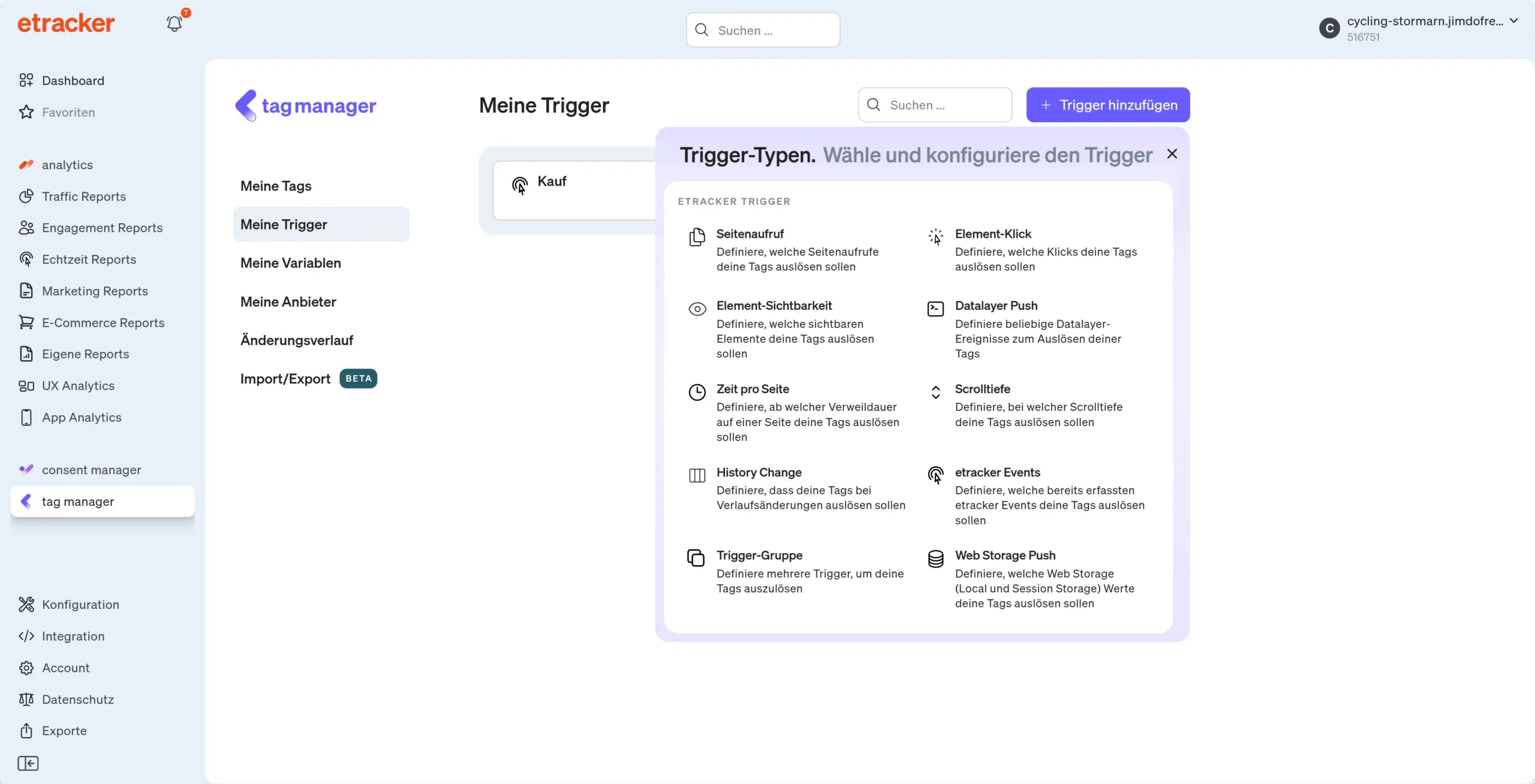 Screenshot etracker tag manager Trigger