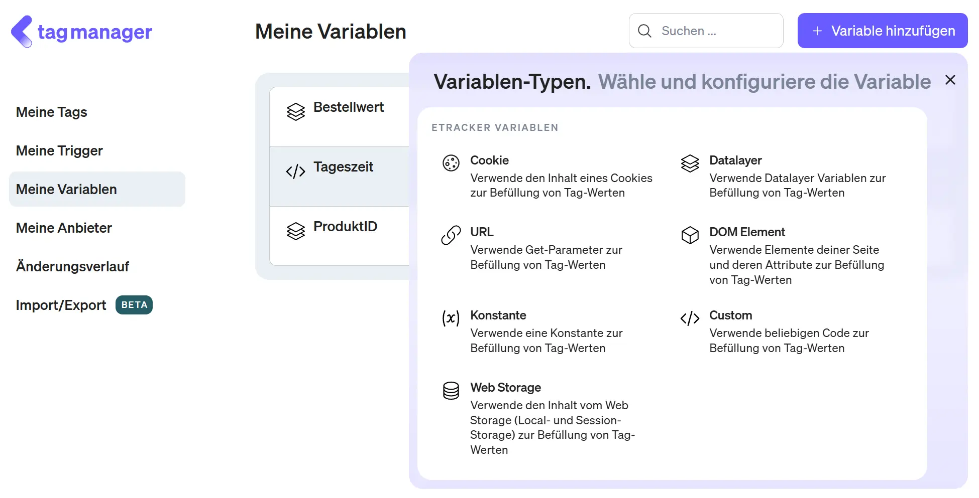 Screenshot etracker tag manager Variablen