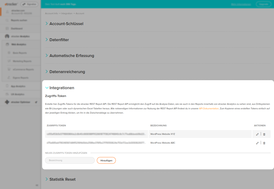 etracker Analytics Applikation - Integrationen - Zugriffs-Token