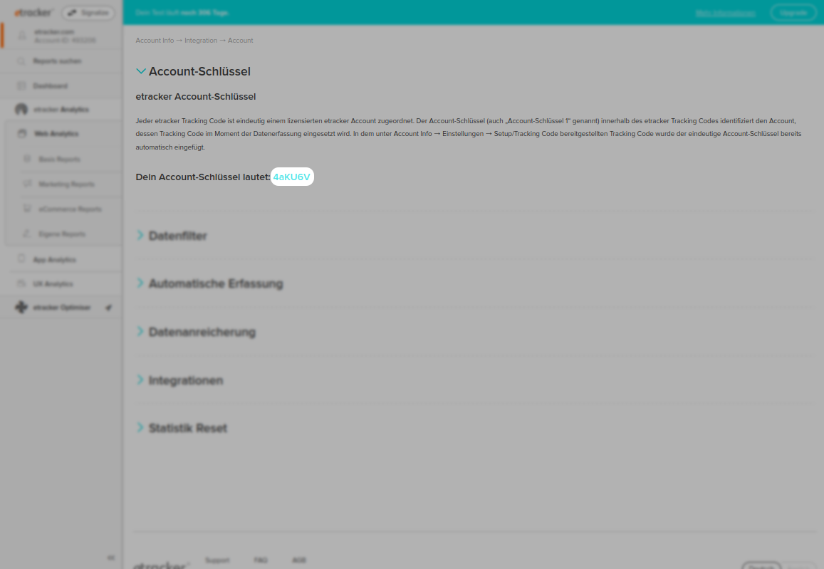 etracker Analytics Applikation - Account-Schlüssel