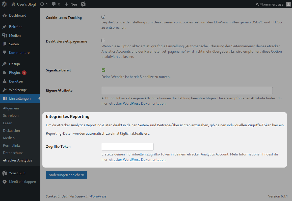 WordPress etracker Analytics Plugin - Einstellungen - Integriertes Reporting