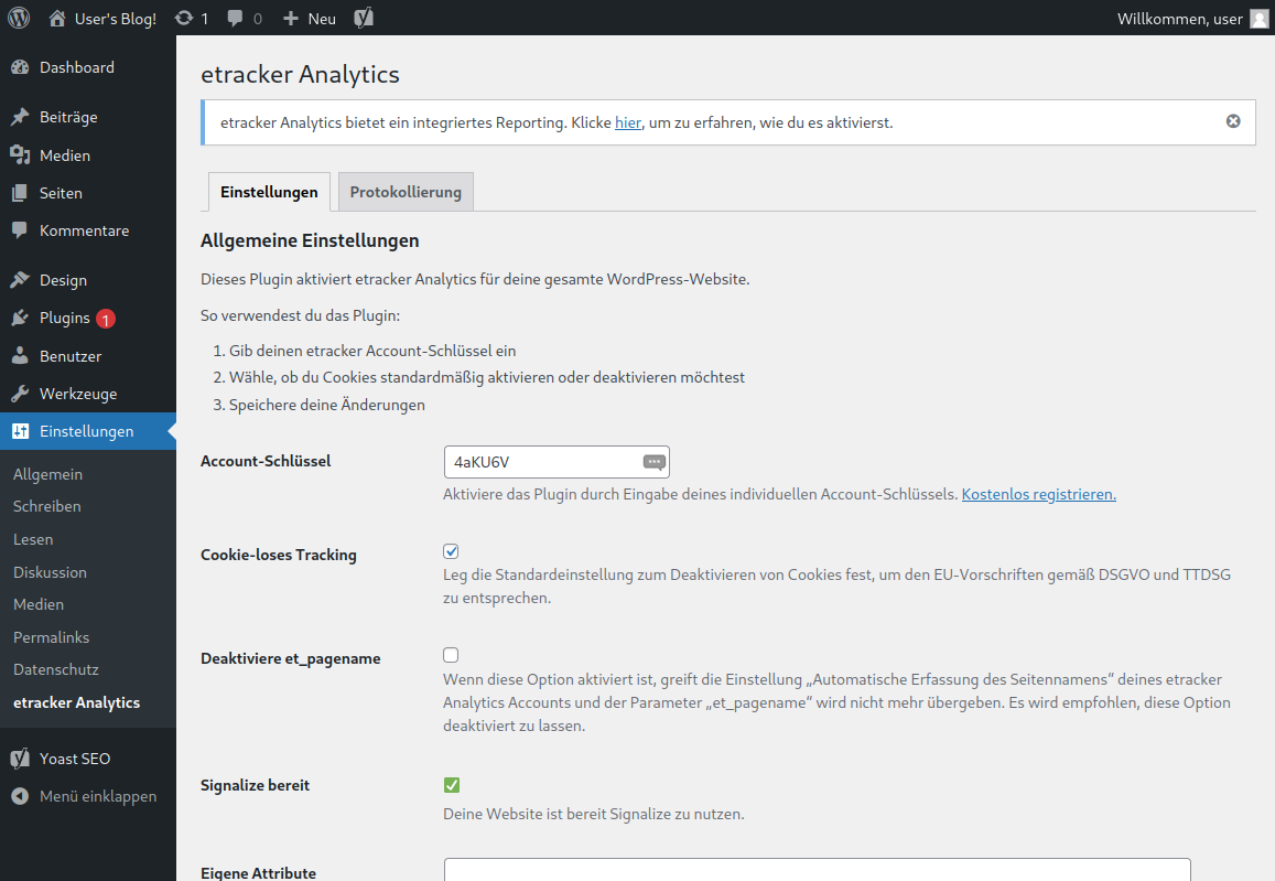 WordPress etracker Analytics Plugin Einstellungen