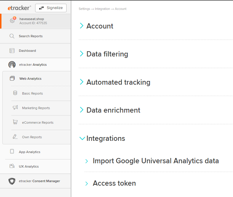 Open the import function in etracker Analytics in order to advance the data backup of your Universal Analytics data.