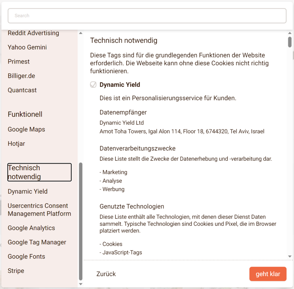 Bei der Website moebel.de werden auch die Website-Personalisierung, die Web-Analyse und das Tag Management als technisch notwendig ausgewiesen